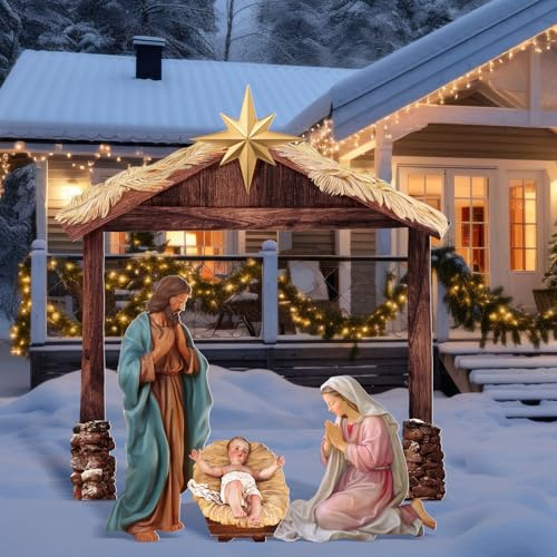 Cinnvoice 3.8 ft Christmas Nativity Scene Holy Family Outdoor Yard Decoration Weatherproof PVC Nativity Large Christmas Outdoor Decor Sets for Front Yard and Lawncolored