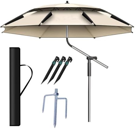 Schirm Für Freien Angel Groß Strandsonnenschirm Angler Campingschirm Terrasse Wandern Regenschirm 360° drehen Kippbarer Fischschirm(ø260cm)