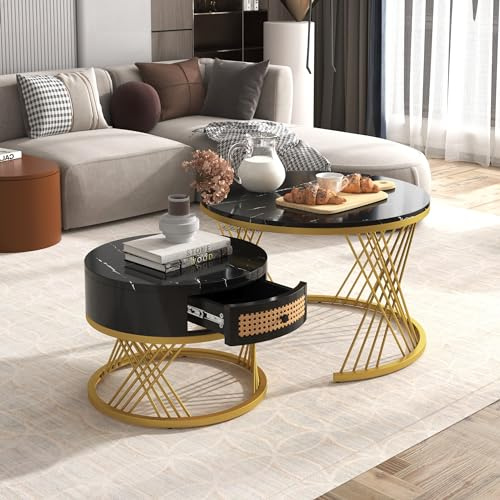 Merax Rund Couchtisch Set, 2-in-1 Beistelltisch mit Stauraum Satztisch Modern Wohnzimmertisch mit Hochglanz-Marmor-Optik, Golden Metallgestell/Rattan-Schublade, für Wohnzimmer Büro(Schwarz)