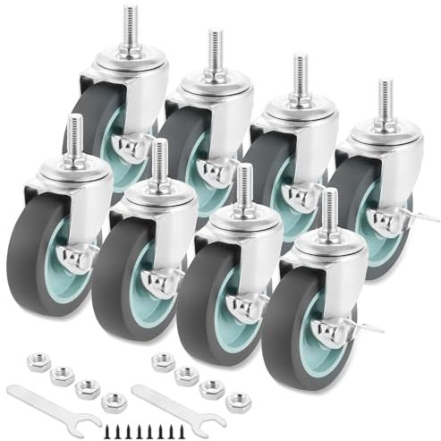 LOPYXBR Lot de 8 roulettes pivotantes 75 mm, roulettes de transport avec frein, diamètre 10 mm, longueur 25 mm, Gris