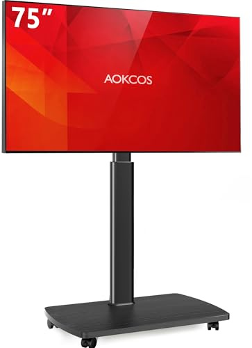 AOKCOS Rolling TV Stand for 43 50 55 60 65 70 75 Inch TVs, Portable Mobile TV Stand on Wheels, 10-Level Height Adjustable TV Cart with Swivel & Tilt Mount for Bedroom/Living Room/Office/Corner