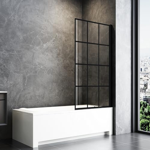 AQUARA Bath Shower Screen, 800x1400mm Black Frame Bath Screens with Black Silk Screen, Reversible Installation with 6mm Easy to Clean Toughened Glass