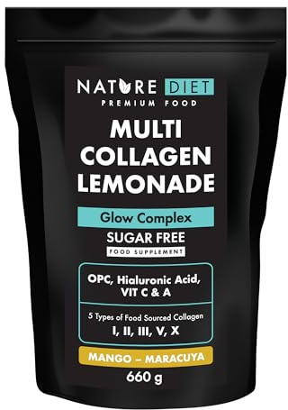 Nature Diet Multi Kollagen Limonade | Mango-Maracuja | 5 Kollagen-Typen | 660g | 60-Tage-Vorrat | Zuckerfrei | Glow-Komplex mit Hyaluronsäure, Vitamin C & A