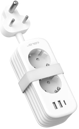 JSVER Sydafrikansk Reseadapter med 2 Kontakter och 3 USB-laddningsportar (1 C och 2 A), 5-i-1-Reseadapter med 1,5 m Omlindningskabel från SE - Sydafrika（Vit）