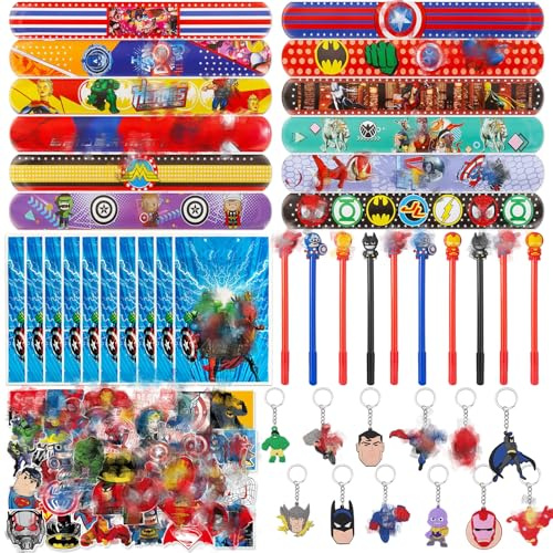 94Pcs Party Mitgebsel Kindergeburtstag Spielzeug Set mit 50 Aufkleber 12 Schlüsselanhänger 10 Geschenktüten 12 Schnapparmband 10 Gel Stift Mitbringsel Geschenk Kinder Party Zubehör Geburtstag Deko