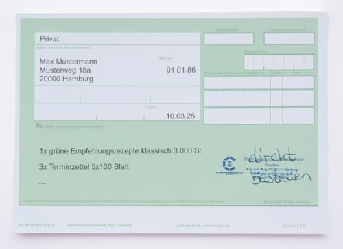 Empfehlungsrezept grün DIN A6 – 1.500 Stück | Klassisches grünes Rezept für Ärzte, Heilpraktiker & Praxen | ohne Leimung Blanko