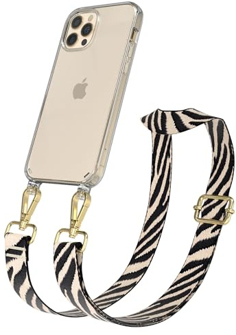 EAZY CASE Handykette - Verstellbares Taschenband kompatibel mit iPhone 12/12 Pro, Schulterriemen, Handykordel mit Silikon Hülle, Umhängetasche, Zebra - Schwarz Beige Gold