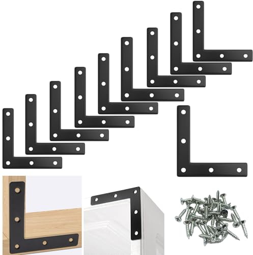 Soportes de Ángulo Plano Forma de L, 10 Piezas 90 Grados Soportes de Esquina Planos Metalica Escuadras de Angulo con Tornillos 80x80mm Conector Plano para Armarios Mesas y Sillas de Madera, Negro
