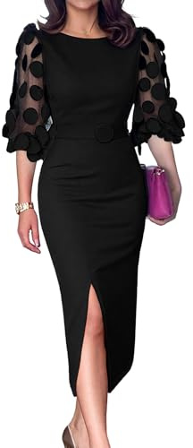 CHICME Bodycon Midi Dress for Women Mesh Puff Sleeve Slit Cocktail Work Pencial Dresses with Belt Black-L