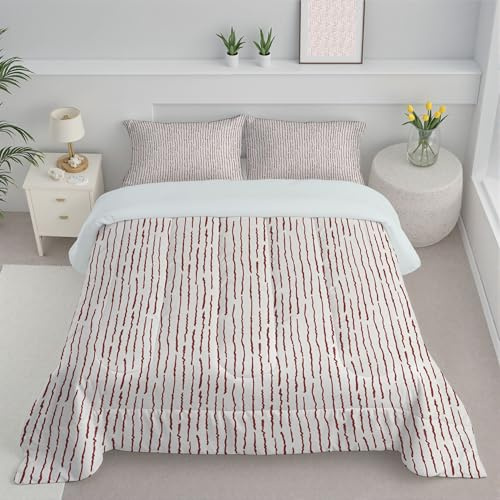 JEDTAKCT Piumino Letto Matrimoniale 4 Stagioni 200X200, Rosso Bordeaux Reversibile Piumone Leggero, Strisce Dipinte A Mano Texture Semplice Coperta Trapunta In Microfibra, Lavabile In Lavatrice