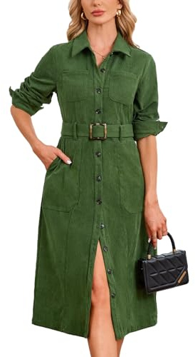 YEXPINE Women's Corduroy Midi Dress Long Sleeve Belted Button Down Shirt Long Dress with Pockets Green