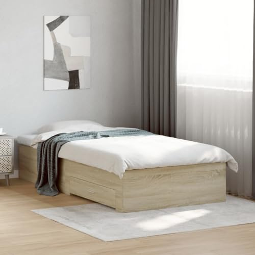 QJBSAVVA Bettrahmen mit Schubladen Sonoma-Eiche 100x200cm Moderner Lattenrahmen mit integriertem Stauraum Holzwerkstoff Robustes Jugendbett für Schlafzimmer Gästezimmer
