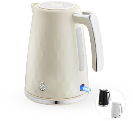 Swan Hexton 1.7L Electric Kettle, 3KW Rapid Boil, Flip Top Lid, Removable Limescale Filter, 360-Degree Base, Cord Storage, Cream with Chrome Accents, SK19038CRM