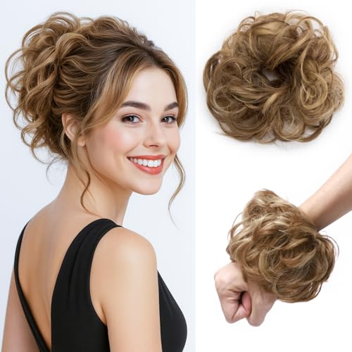 Benehair Haarteil Mit Gummiband, Dutt Haarteil Gelockt Haargummi Mit Haaren Synthetisch Haargummi mit Haaren für Damen Mädchen Pferdeschwanz Hellbraun & Aschblond 25g