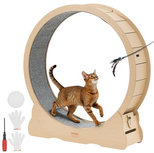 VEVOR Giocattolo Sportivo per Gatti, Ruota per Correre in Legno da 120 cm per Gatti da Interno Fino a 12,7 kg, con Pista in Moquette e Meccanismo di Bloccaggio, per Animali Domestici Colore Legno