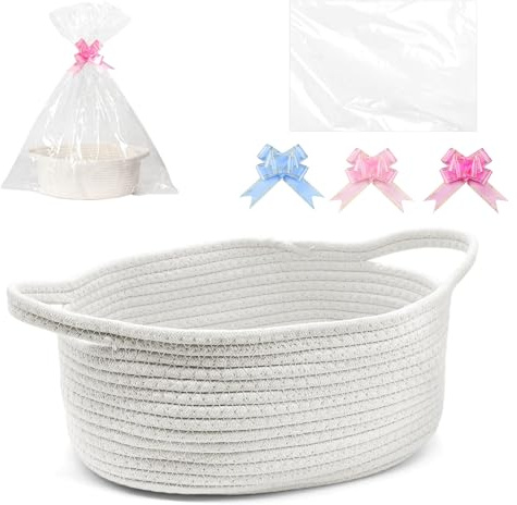Geschenkkorb Leer 30 x 20 x 12cm, Präsentkorb Leer Transparenter Korb Geschenk Weiß Geschenkekorb Mit Geschenktüten und 3 Bändern Für Geschenke Korb Geschenk Geburtstag Hochzeit Diy