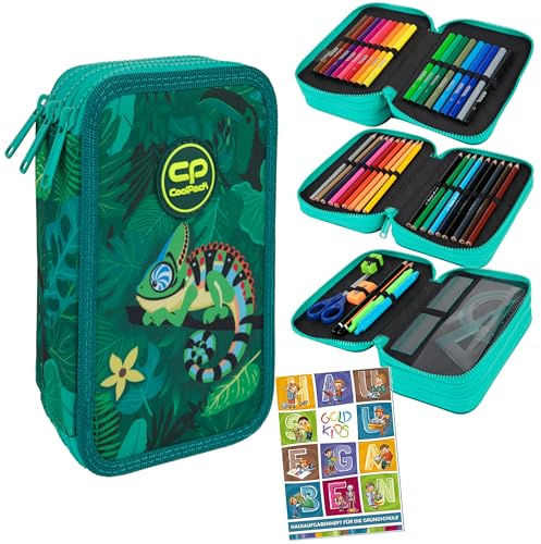 Goldkids - Federmäppchen 3 Fächer - Mäppchen für Mädchen und Jungen - Federmappe 3-Fach Federtasche Gefüllte Schüleretui Schulmäppchen und Hausaufgabenheft - Chamäleon Motiv