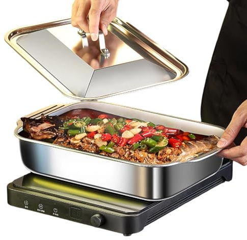 Genérico Sartén de Hierro - Bandeja de Acero Inoxidable con Tapa | Sartenes de Parrilla para Exterior,para Verduras, Carne, Pescado, Barbacoa, Camping y Cocina Exterior