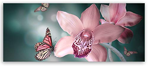 ge Bildet Bild auf Leinwand | Orchideen mit Schmetterlingen - natur blumen K in 120x50 cm als Panorama Wandbild XXL | Wand-deko Dekoration Wohnung modern Bilder | 2206