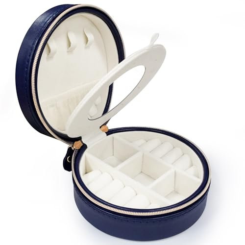 ADEL DREAM Schmuckkästchen, Schmuck Organizer, Reise Schmuckkoffer, Schmuckbox, mit Reißverschluss und Spiegel, rund, klein, für zu Hause und unterwergs, ideal für Mädchen&Damen (blau)