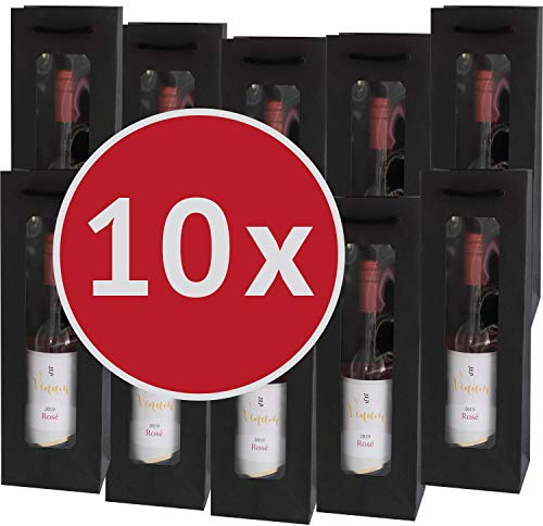10 x Flaschentasche PresentFill® Premium Flaschentüten Schwarz mit Fenster 100% Recycling Kraft Papier 210 gr. Stark Made in Europe Geschenktaschen | Geschenktüten | Weinverpackung für 1 Flasche