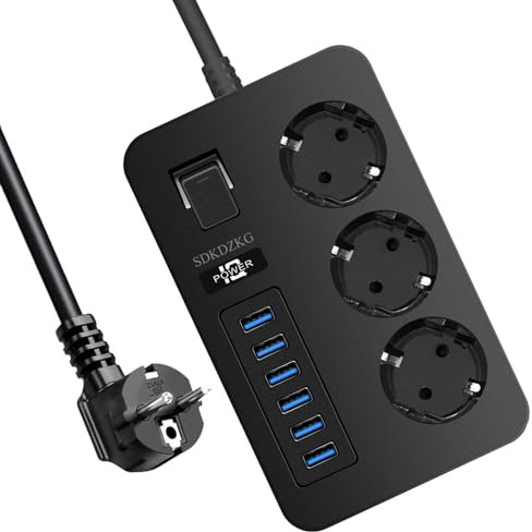 SDKDZKG - Regleta de 3 enchufes (13 A/3000 W) con Interruptor Individual, 6 Puertos de Carga USB (3,1 A/5 V, 1,8 m, Adaptador de Corriente para Cables, aplicable a oficinas y Viajes en casa (Negro)