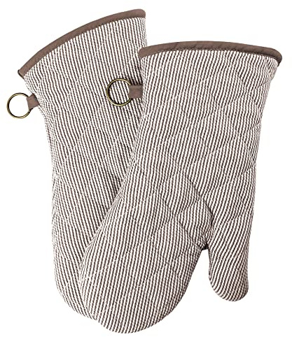1 Pair Yarn Dyed Oven Mitts 100% Cotton Heat Resistant 470 Degree Gloves Men Women Cooking Baking Barbecue BBQ Microwave Crafting Machine Washable Pot Holders Mittens (Khaki)
