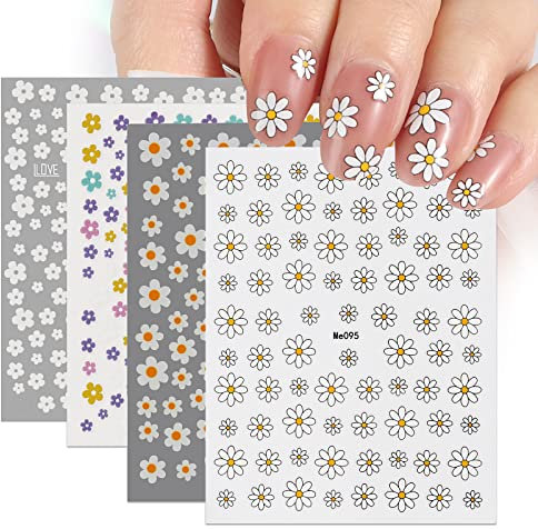 4 Fogli Adesivi Unghie Margherita Fiori Stickers Nail Art Primavera Autoadesivi Colorati Decalcomanie per Decorazione DIY