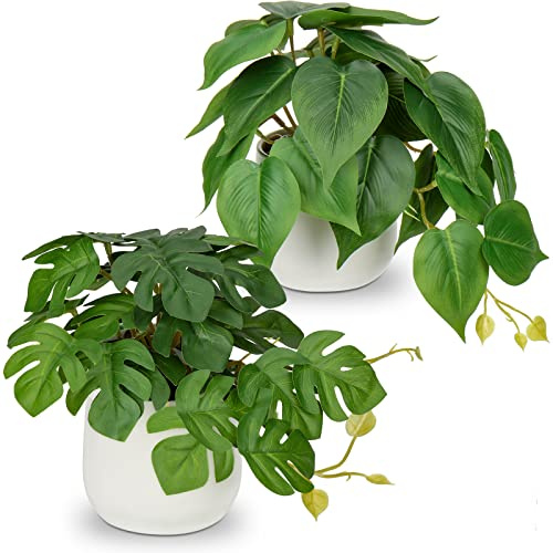 2er-Set Kunstpflanze Hängend Deko Pflanzen im Keramiktopf Mini Kunstpflanze Philodendron Monstera Dekoration Modern für Home Office Badezimmer Küche und Innendekoration