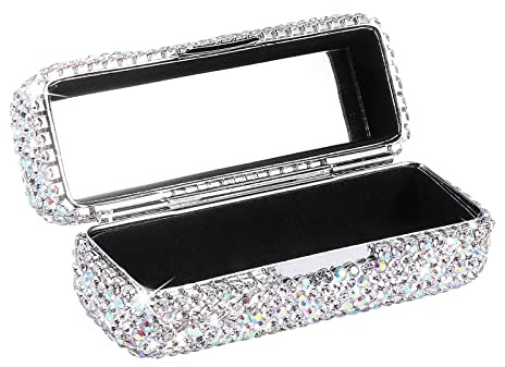 CALIDAKA Crystal Lipstick Case Holder Shiny Rhinestone Lipstick Organizer with Mirror Portable Bling Diamonds Lipstick Storage Holder Lip Gloss Makeup Storage Bag
