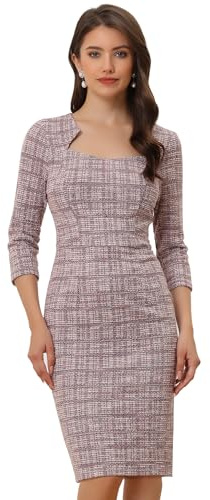 Allegra K Elegant Work Dress for Women 3/4 Sleeve Plaid Tweed Bodycon Dresses Pink M