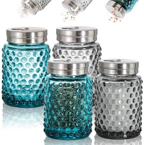 ZOOFOX 4-Pack Glass Salt & Pepper Shaker Set, 4 oz Retro Style with Stainless Steel Lid & Adjustable Pour Hole, Hobnail Design for Home, Restaurant, BBQ, RV, and Camping