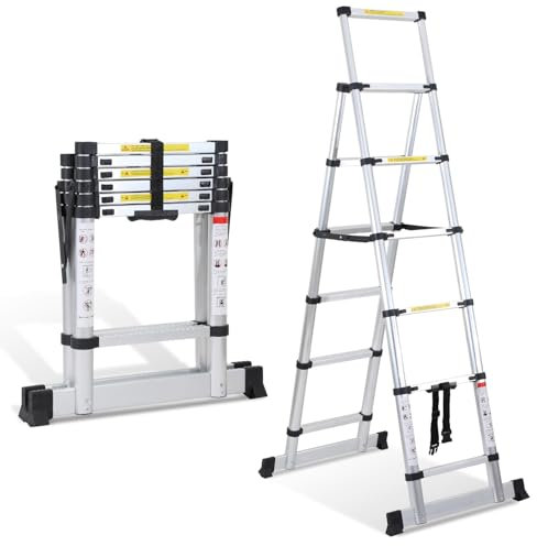 Randaco 1.7m+2.0m Aluminium Teleskopleiter Klappleiter A-Rahmen 5 + 6 Stufen, Ausziehleiter für Dachreparaturen, gefaltete Größe 65cm, 150 kg Tragfähigkeit