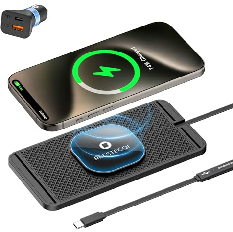 Magnetic Wireless Car Charger, REESTECQI for Magsafe Car Charger Non Slip Wireless Charger for Car Type C Car Wireless Charger Pad for iPhone 17/16/15/14/13/12, Airpods (30CM Cable)