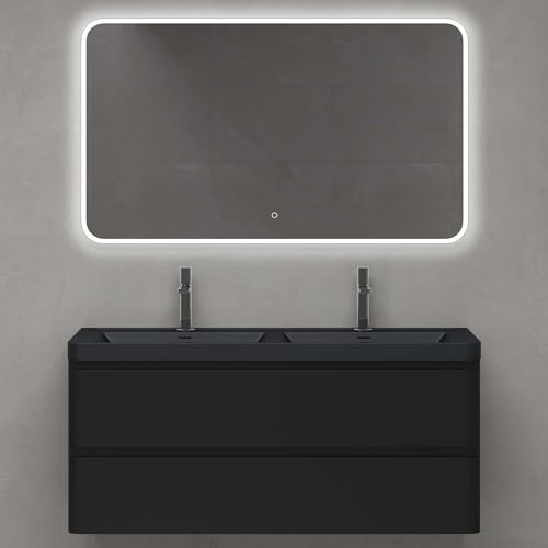 doporro Unterschrank Matt schwarz 120cm mit Waschbecken LED-Badspiegel | Wandhängendes Badmöbel-Set mit Mineralguss-Waschbecken, LED-Spiegel – pflegeleicht für moderne Bäder Lucca