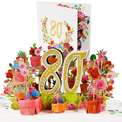 CNLITIHEKA Pop Up Karten zum 80. Geburtstag, 80. Blume Geburtstag Grußkarten, 80. Popup-Jubiläumskarte, Geschenkkarte zum Geburtstag mit Notiz und Umschlag.