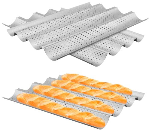 SYUTBOU 3 Stück Baguette Backform 4er, 38 x 33 x 2.4 cm Baquette Backblech aus Karbonstahl, 4 Mulden Baguetteform mit Antihaftbeschichtung, Baguetteform Brotform Baguettepfanne für 4 Baguettes