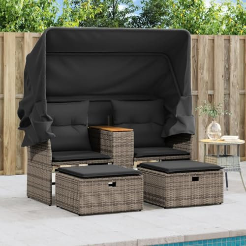 Gecheer Gartensofa mit Dach, Gartenlounge Rattan, Balkon Lounge Klein, Sonnenliege, Outdoor Sofa, Balkonmöbel, Garten Loungemöbel Set, Grau Poly Rattan