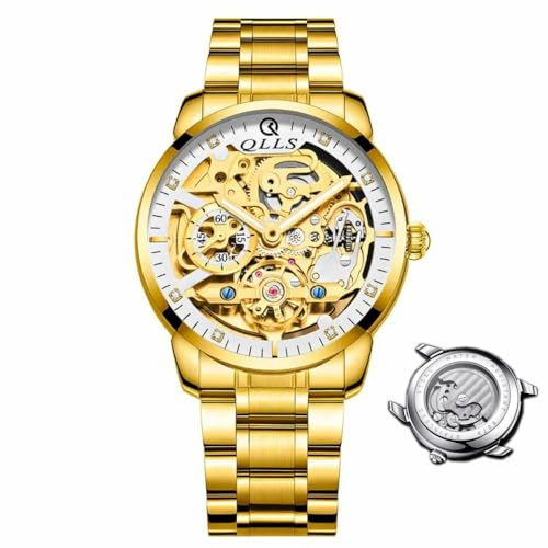 DAXIAOYU Business automatisk klocka 3D diamantskelett ihåliga herrarmbandsur lysande klockor Tourbillon, guldvit, Lyx