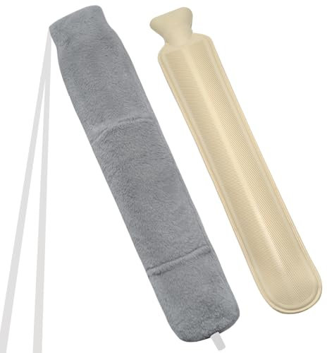 YTACREA Borsa Acqua Calda Lunga con Copertura, Borsa Dell'acqua Calda Grande da 2 Litri, Borse Acqua Calda in Peluche per Schiena, Collo e Stomaco, Boule Acqua Calda Lunga per Adulti (Grigio)