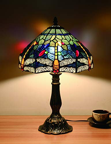 Faucet 12-Inch European Vintage Stained Glass Blue Dragonfly and Pearl Warm Coloured Series Table Lamp Desk Lamp Bedside Light water-tap
