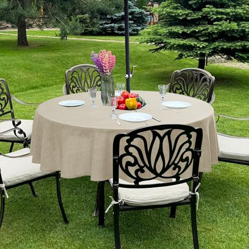 Outdoor Tablecloth with Umbrella Hole - Patio Table Cloth Zippered Round 60 Inch, Linen-Look Polyester Table Cover Water Resistant for Picnic Outside, Natural Color