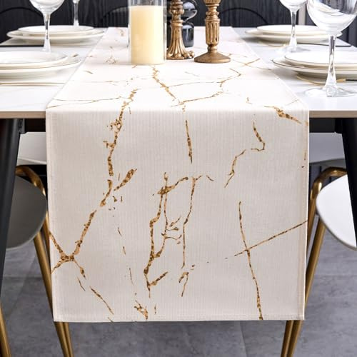 ViaElayu Tischläufer Modern Weiß Gold Marmor Textur Abstrakte Abwaschbar Outdoor Frühling Landhausstil Vintage Bauernhaus Rechteckige Tischdecke Küche Tisch Läufer Party Deko 40x140 cm