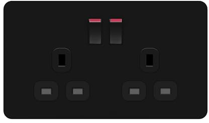 LIDER 2-Gang Switched 13A Socket, Screwless Plastic Plate Cover, Black | Child-Proof Shutter, Glossy, Double-Pole Plug Socket, Control Switches, UKCA Certified, Thermoplastic, Tamper-Resistant