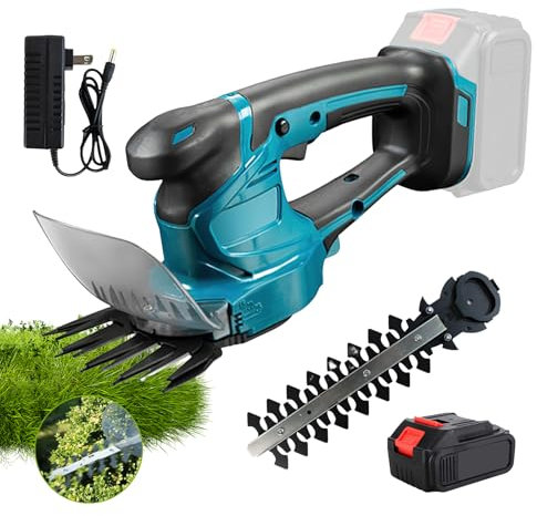 2 en 1 Taille Haie Electrique sans Fil, 18V Cisaille à Gazon sur Batterie Rechargeable, 2 Lames (6cm & 22cm), Coupe Haie sans Fil pour Arbustes, Jardin, Gazon, Pelouse
