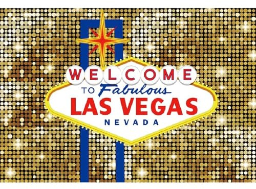 Xiaoterna 3x2,5m Toile de Fond Las Vegas Paillettes dorées Brillantes Bienvenue à Las Vegas Fond Photographique Fabuleux Anniversaire de Poker au Casino Toile de Fond pour Bal de Fin d'année