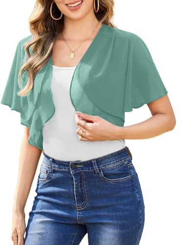Aottori Bolero Damen Kurzarm Offene Front Kurz Festlich | Leicht fallende Chiffonoberfläche; Offene Front mit kurzen Ärmeln; für Hochzeit, Abendveranstaltung und Feier geeignet