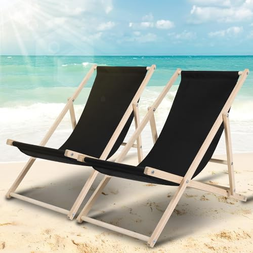 Ollewiellan Uppsättning av 2 solstolar vikbar trä svart strandstol trä, trädgårdsfåtölj trä upp till 120 kg, justerbar solstol, trä, väderbeständig fällstol, strandstol för uteplats, balkong, strand