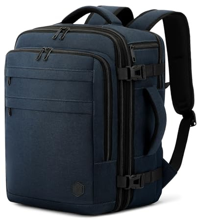 VANKEV Sac à Dos Voyage Cabine pour Ryanair EasyJet Eurowings Wizz Air Extensible 40x30x20 à 40x30x25, 24L à 30L, Bagage à Main Sous Siège Adapté à un Ordinateur Portable de 15,6 Pouces bleu foncé
