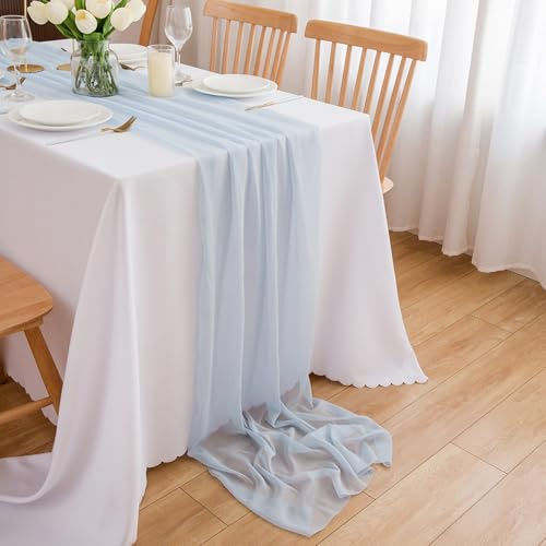 CHUQING Tischläufer Hellblau Chiffon Blau Chiffontuch Querbehang 4m x 70 cm Blauer Läufer Tisch